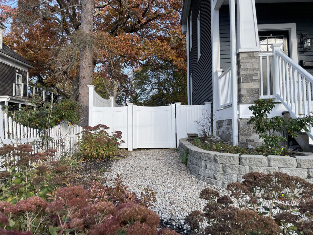 Granite State Fence, Manchester, NH, 4' White Vinyl scalloped privacy Fencing with a 4'w gate (1)