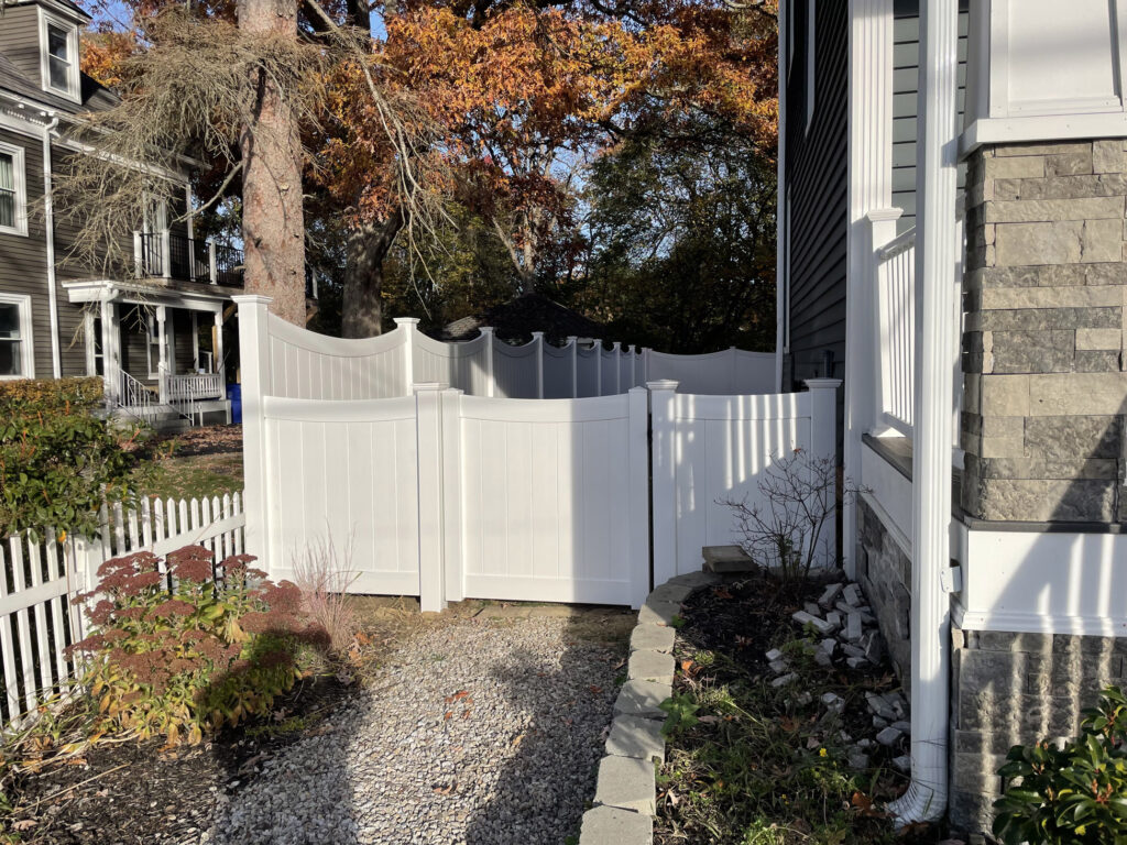 Granite State Fence, Manchester, NH, 4' White Vinyl scalloped privacy Fencing with a 4'w gate (2)
