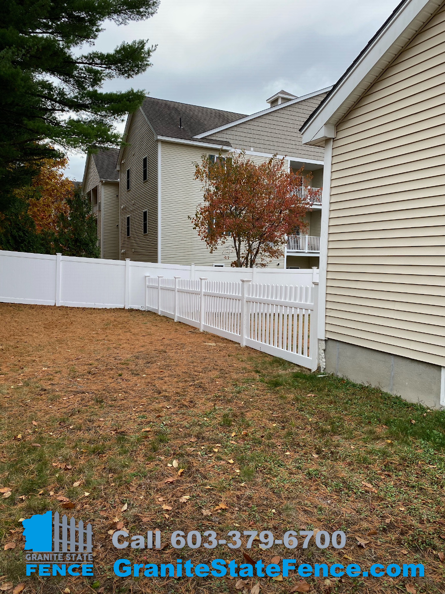 Vinyl Picket Fence installed for pet safety in Derry, NH.