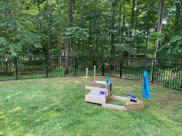 We installed a 54” black 3 rail aluminum fence with magna latch gate hardware for this property in Greenland, NH.