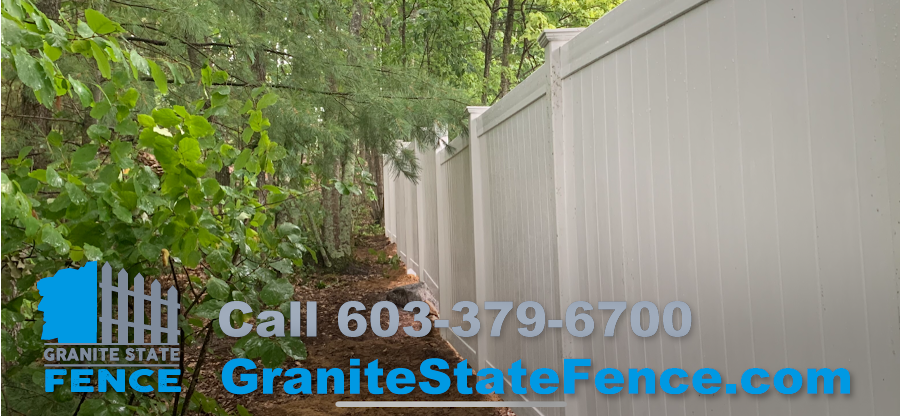 Stepped Vinyl Privacy Fence installation in Bedford, NH.