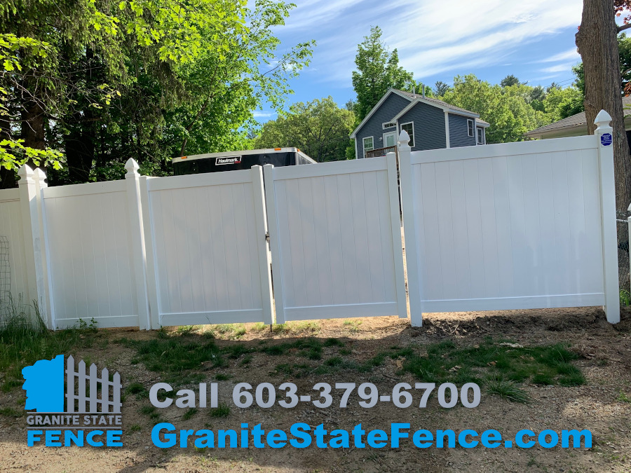 White Privacy Vinyl with double drive gate installed in Hudson, NH